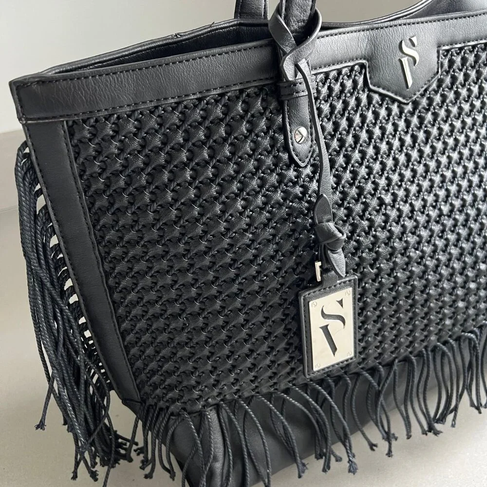 Simply Vera Wang Black Boswell Basketweave Fringe Faux Leather Black Satchel
